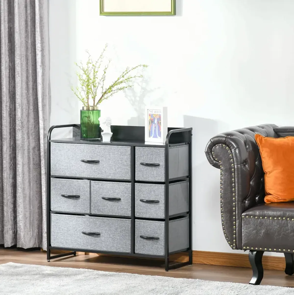 Gray Bedroom Storage: 7-Drawer Fabric Chest with Steel Frame