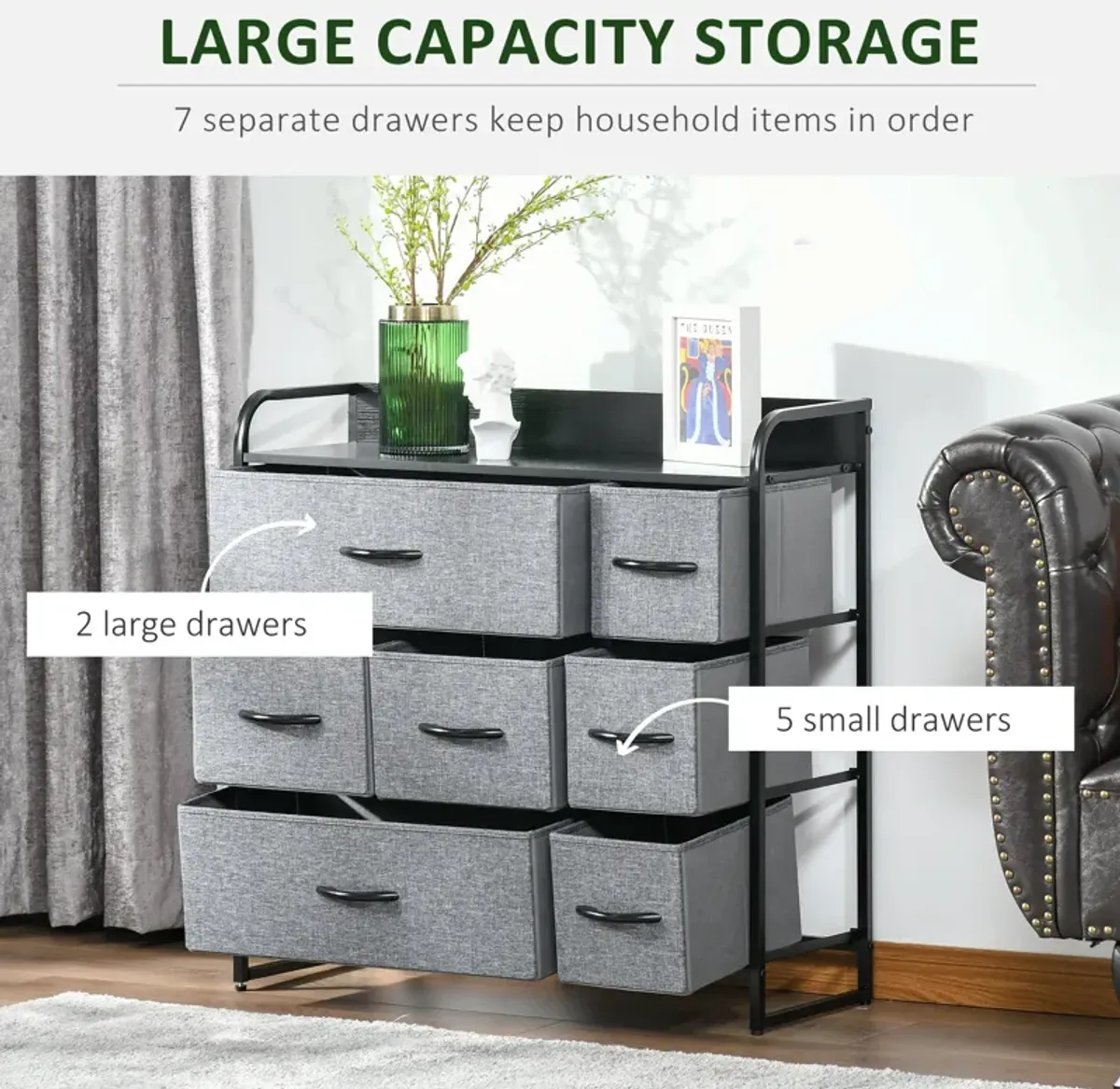 Gray Bedroom Storage: 7-Drawer Fabric Chest with Steel Frame