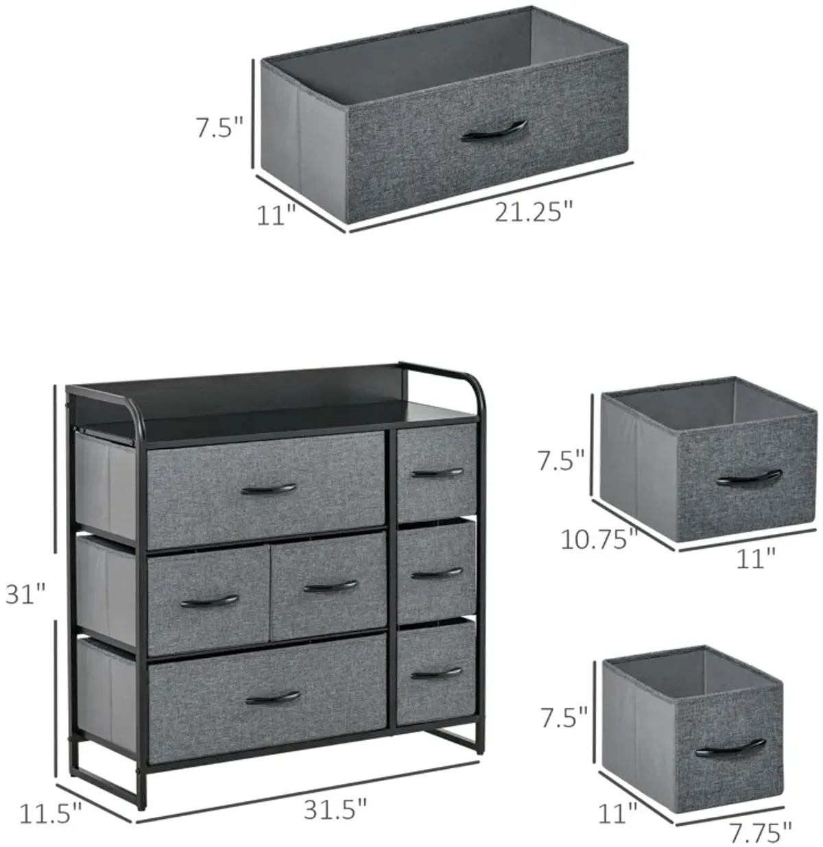 Gray Bedroom Storage: 7-Drawer Fabric Chest with Steel Frame