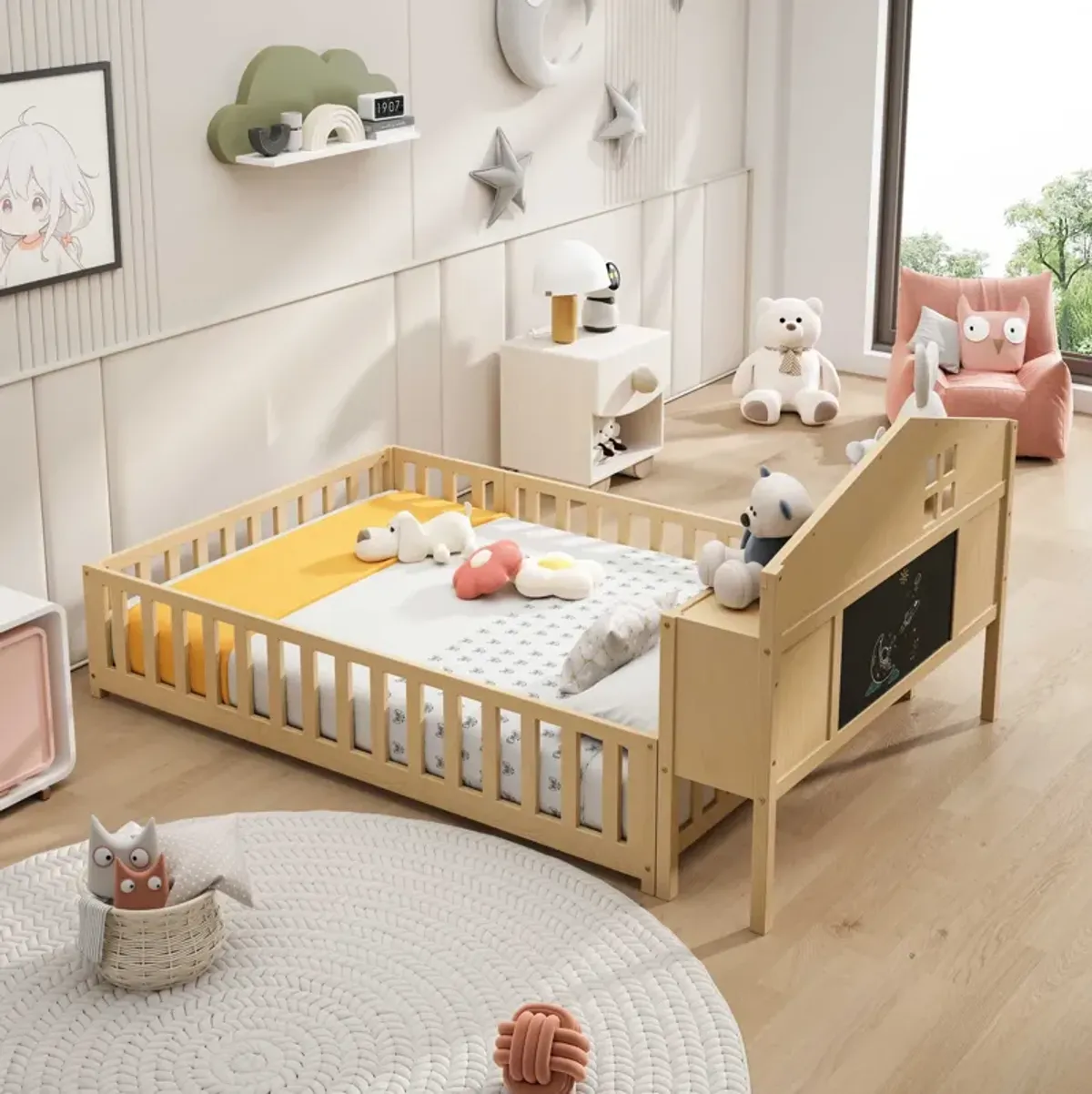 Full-size Montessori Floor Bed with Bookcases and Blackboards, Versatile Platform Beds with Guard rails, Solid Wood Floor Beds with Storage Headboards, Floor Beds for Kids and Teens