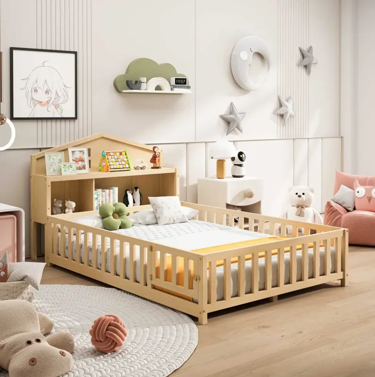 Full-size Montessori Floor Bed with Bookcases and Blackboards, Versatile Platform Beds with Guard rails, Solid Wood Floor Beds with Storage Headboards, Floor Beds for Kids and Teens