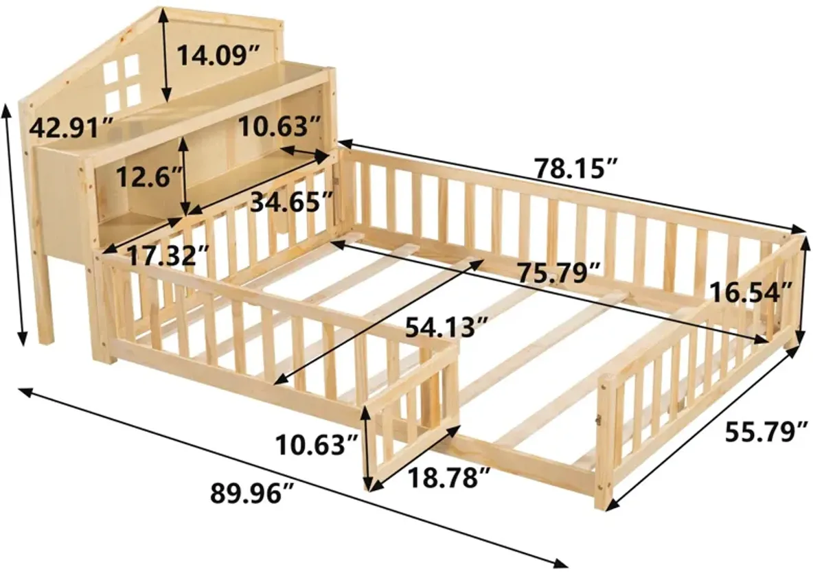 Full-size Montessori Floor Bed with Bookcases and Blackboards, Versatile Platform Beds with Guard rails, Solid Wood Floor Beds with Storage Headboards, Floor Beds for Kids and Teens