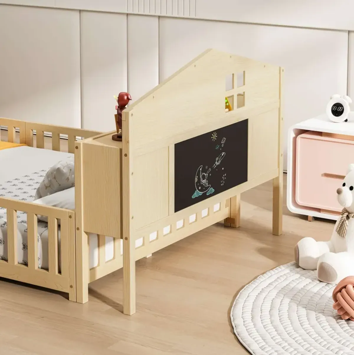Full-size Montessori Floor Bed with Bookcases and Blackboards, Versatile Platform Beds with Guard rails, Solid Wood Floor Beds with Storage Headboards, Floor Beds for Kids and Teens