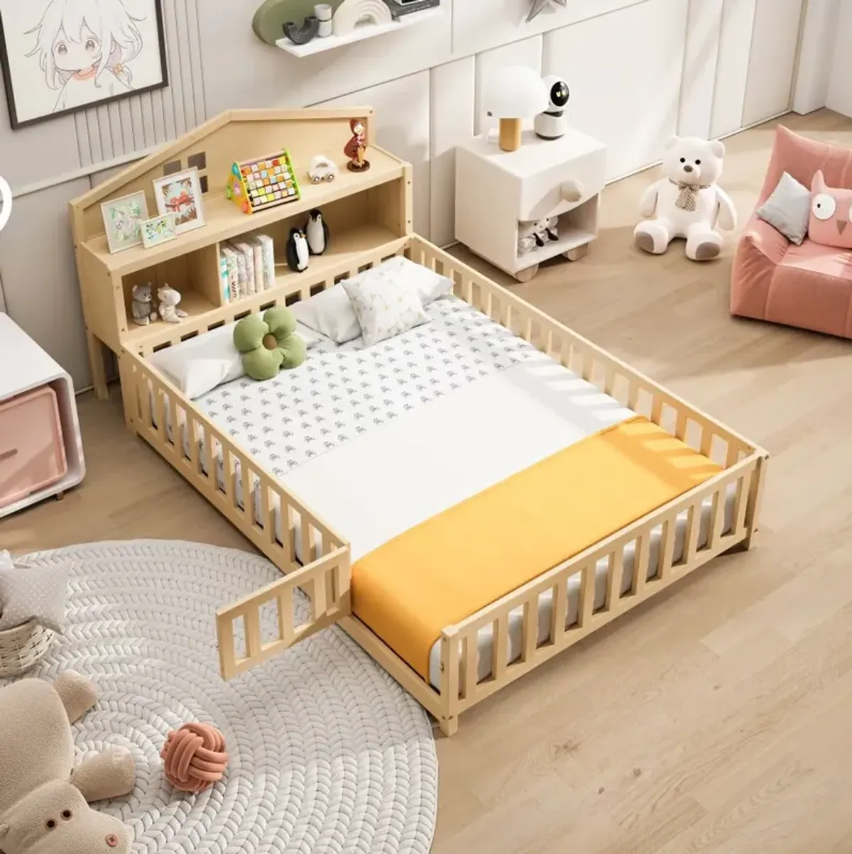 Full-size Montessori Floor Bed with Bookcases and Blackboards, Versatile Platform Beds with Guard rails, Solid Wood Floor Beds with Storage Headboards, Floor Beds for Kids and Teens