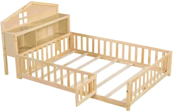 Full-size Montessori Floor Bed with Bookcases and Blackboards, Versatile Platform Beds with Guard rails, Solid Wood Floor Beds with Storage Headboards, Floor Beds for Kids and Teens