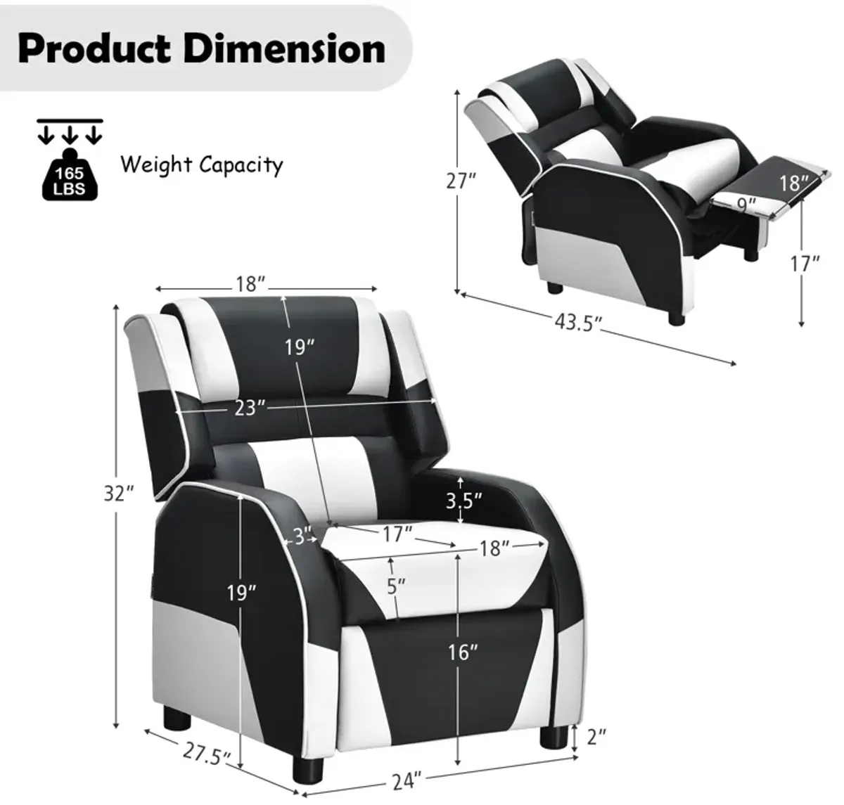 Kids Youth PU Leather Gaming Sofa Recliner with Headrest and Footrest