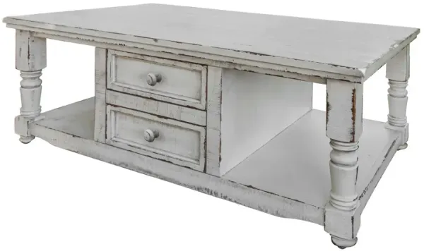 Genie 50 Inch Cocktail Coffee Table, 4 Drawer, Shelves, White Mango Wood - Benzara