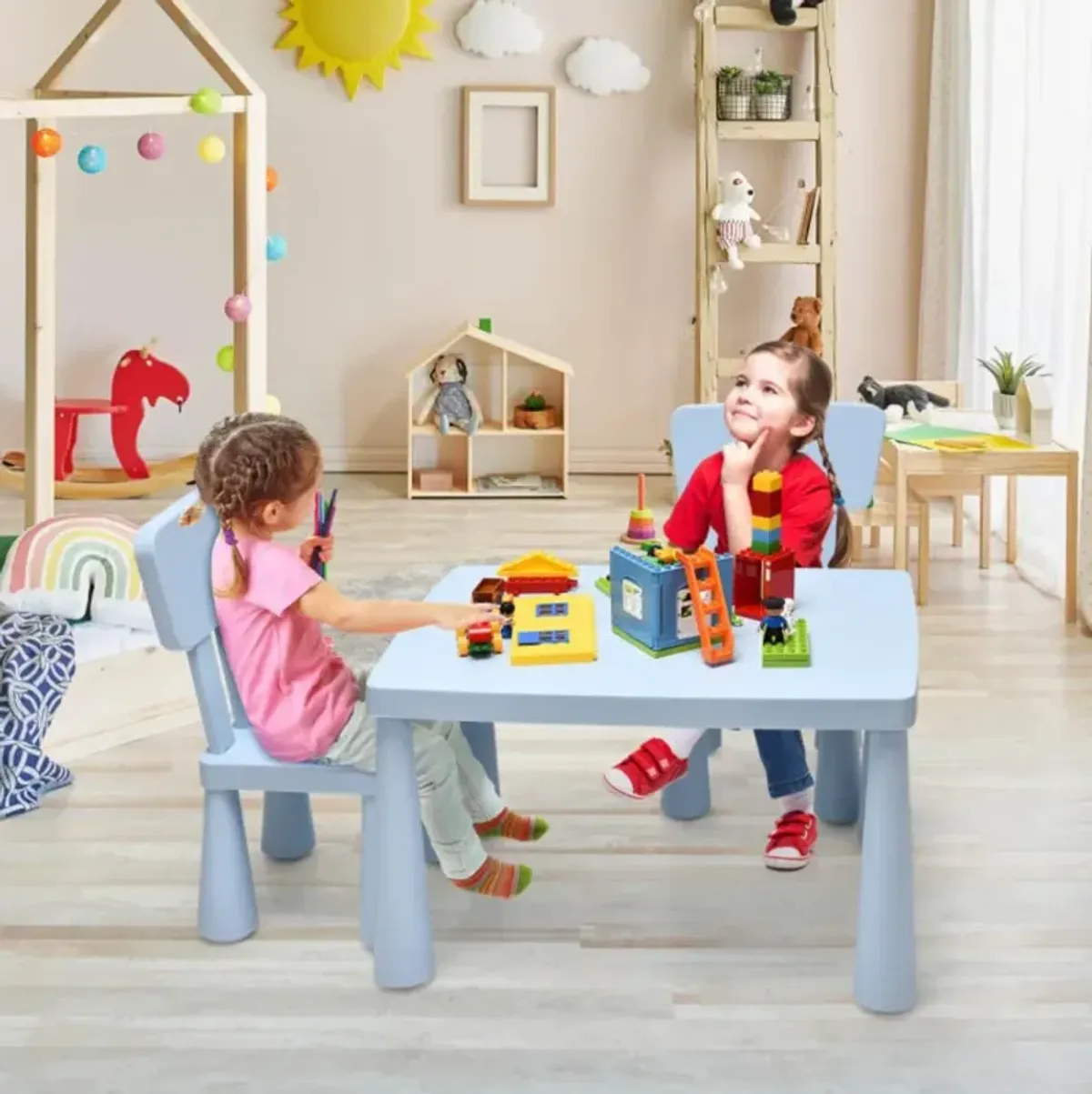 Hivvago 3 Pieces Toddler Multi Activity Play Dining Study Kids Table and Chair Set