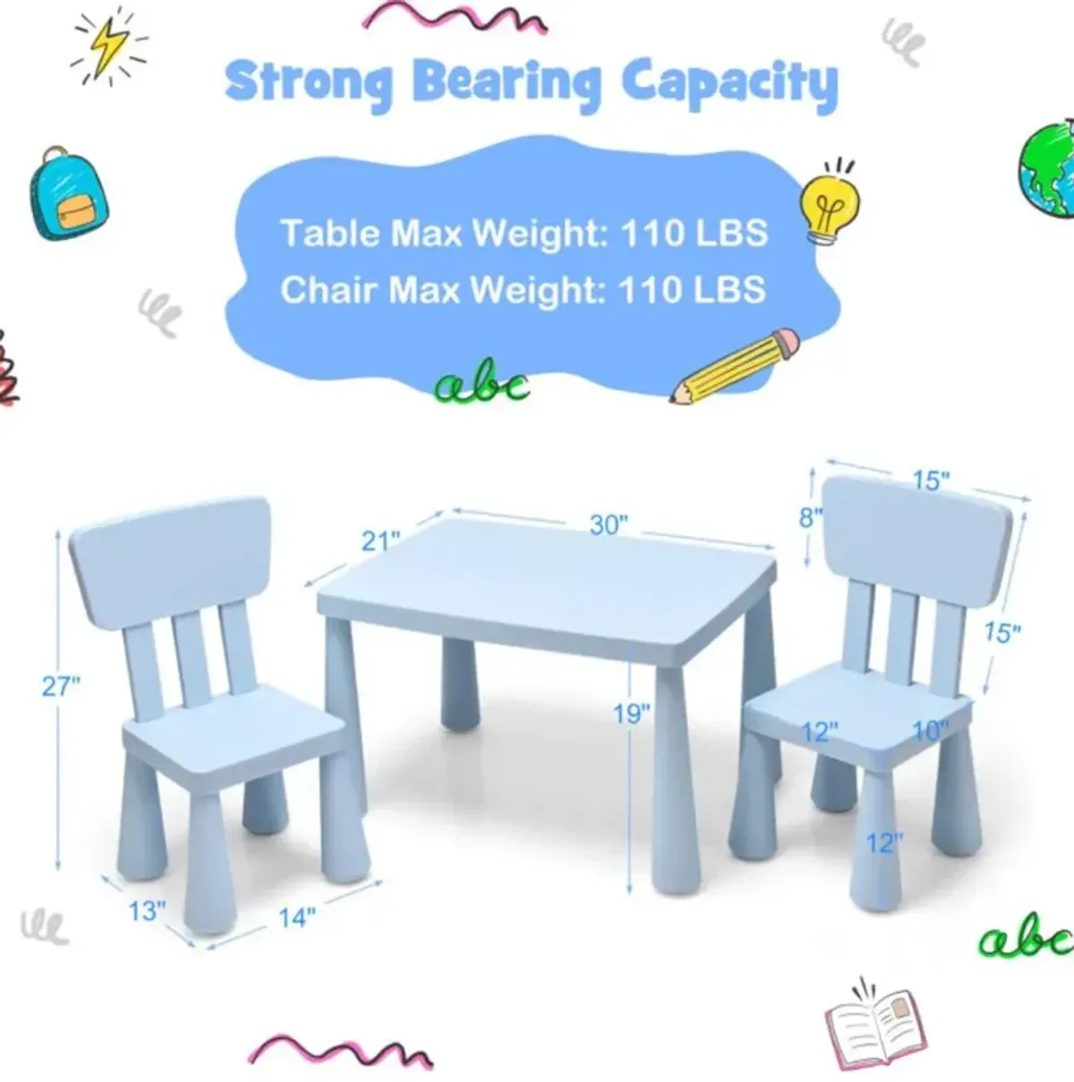 Hivvago 3 Pieces Toddler Multi Activity Play Dining Study Kids Table and Chair Set