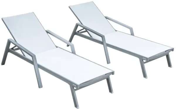 LeisureMod Marlin Patio Chaise Lounge Chair With Armrests in Grey Aluminum Frame, Set of 2 in Green