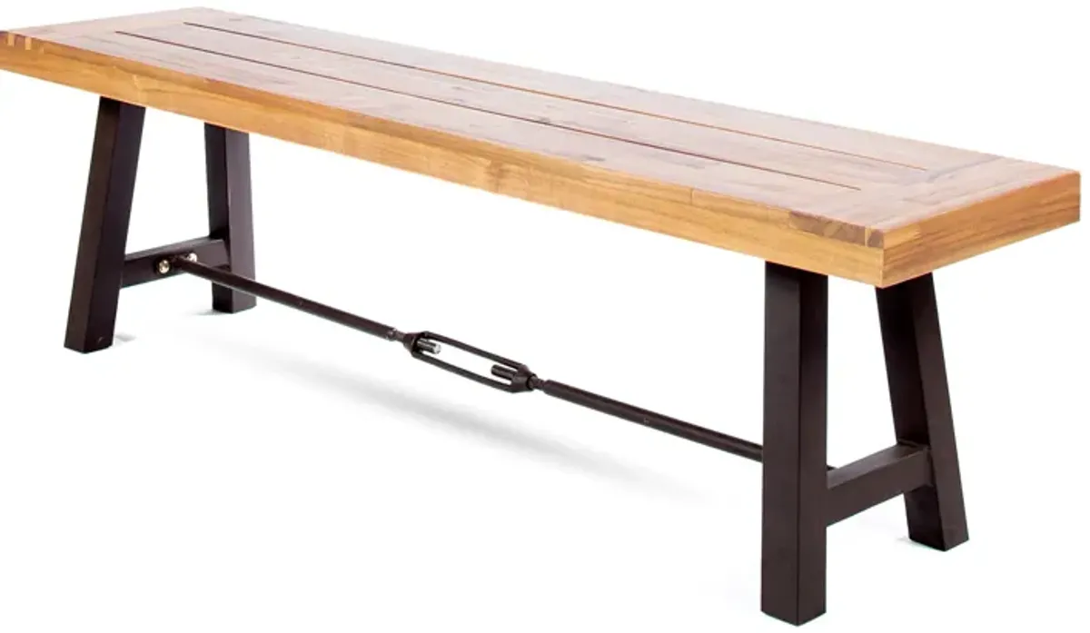 Outdoor Accent Dining Bench, 63" Brown Acacia Wood Top, Black Metal - Benzara