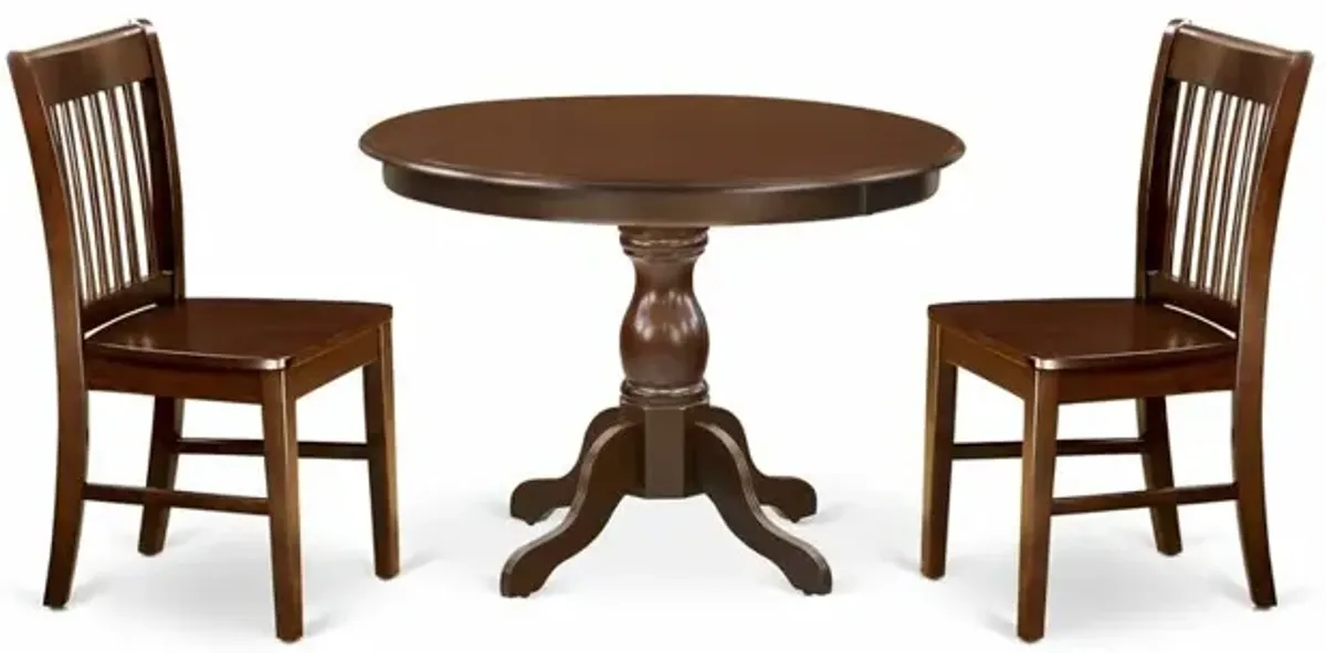 East West Furniture HBNF3-MAH-W 3 Piece Modern Dining Table Set - Small Kitchen Table and 2 Mahogany Wooden Kitchen & Dining Room Chairs Button Tufted Back with Nail Heads - Mahogany Finish