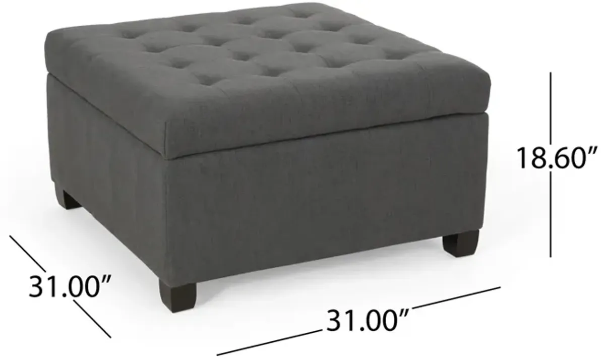 Cindy Ottoman with Storage, 31 Inch Square, Gray Waffle Stitch Fabric - Benzara