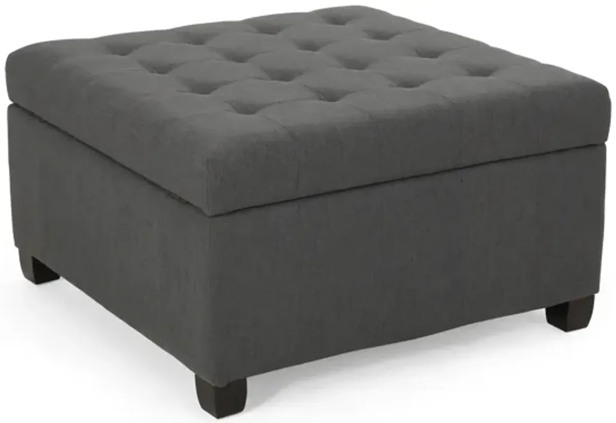 Cindy Ottoman with Storage, 31 Inch Square, Gray Waffle Stitch Fabric - Benzara