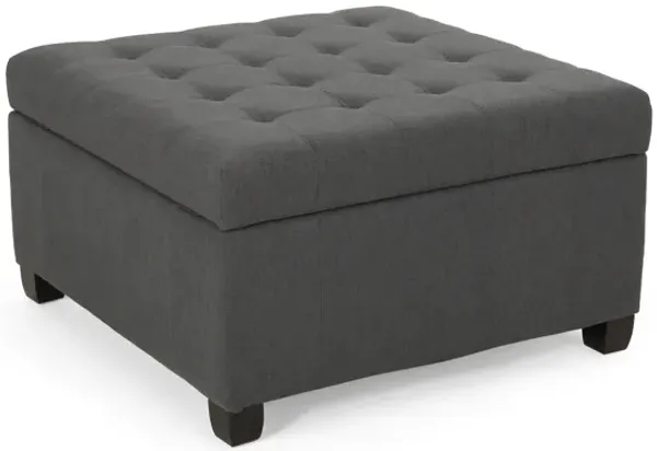 Cindy Ottoman with Storage, 31 Inch Square, Gray Waffle Stitch Fabric - Benzara