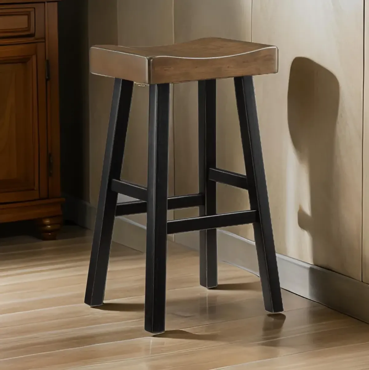 Casy 30 Inch Bar Height Stool, Brown Saddle Seat, Black Rubberwood, Set of 2 - Benzara