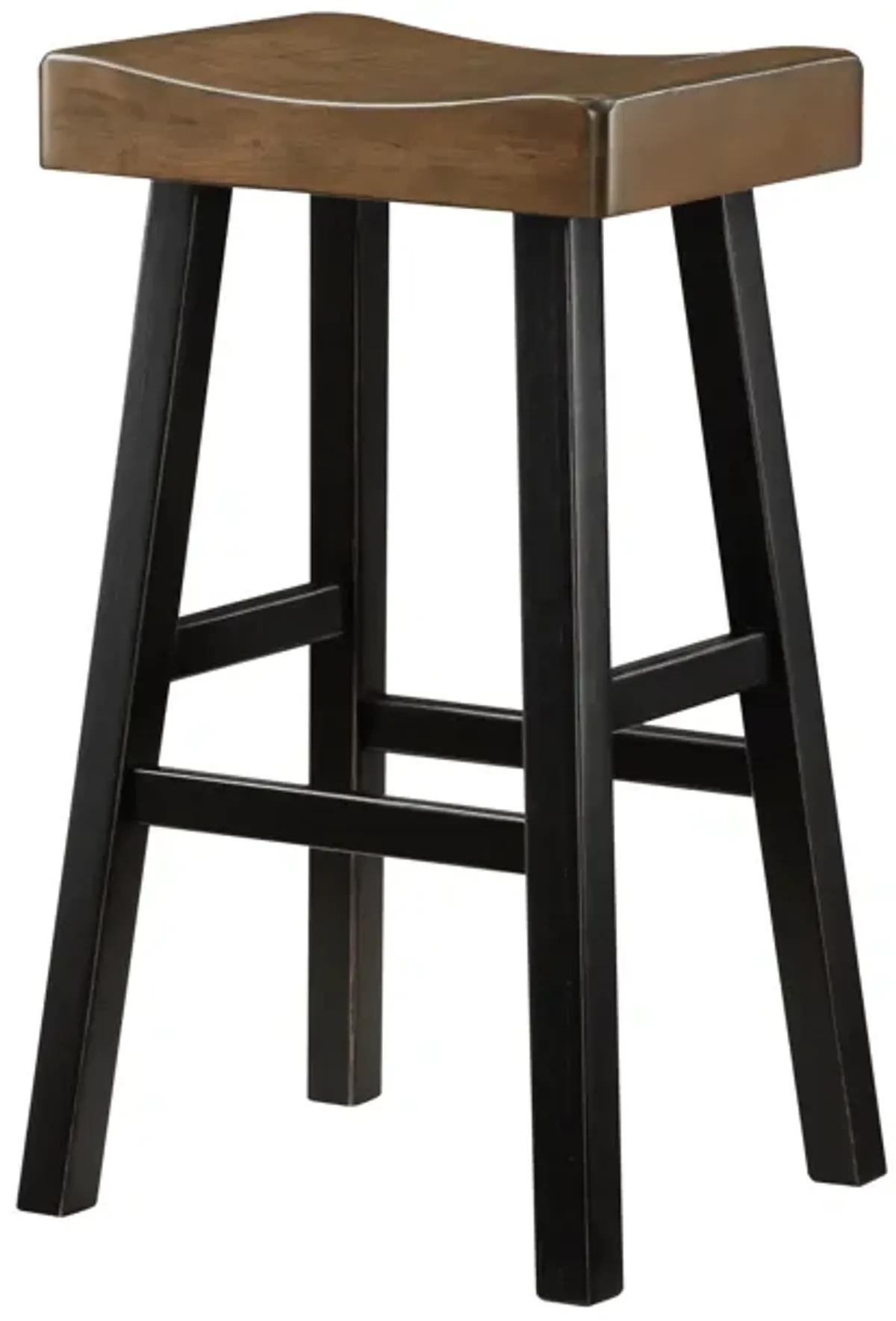 Casy 30 Inch Bar Height Stool, Brown Saddle Seat, Black Rubberwood, Set of 2 - Benzara