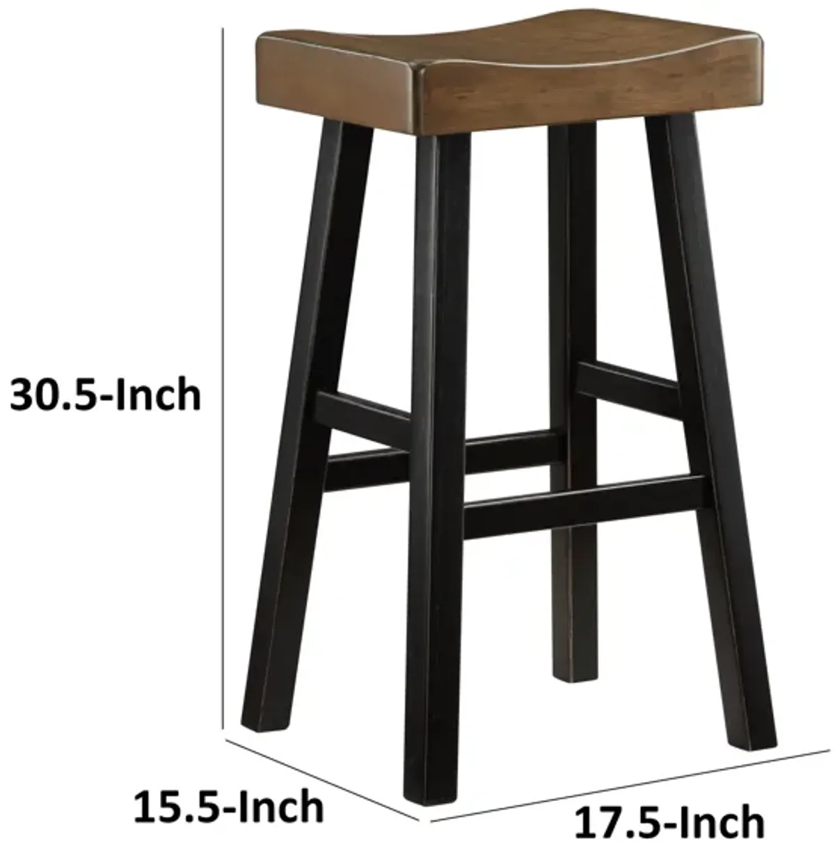 Casy 30 Inch Bar Height Stool, Brown Saddle Seat, Black Rubberwood, Set of 2 - Benzara