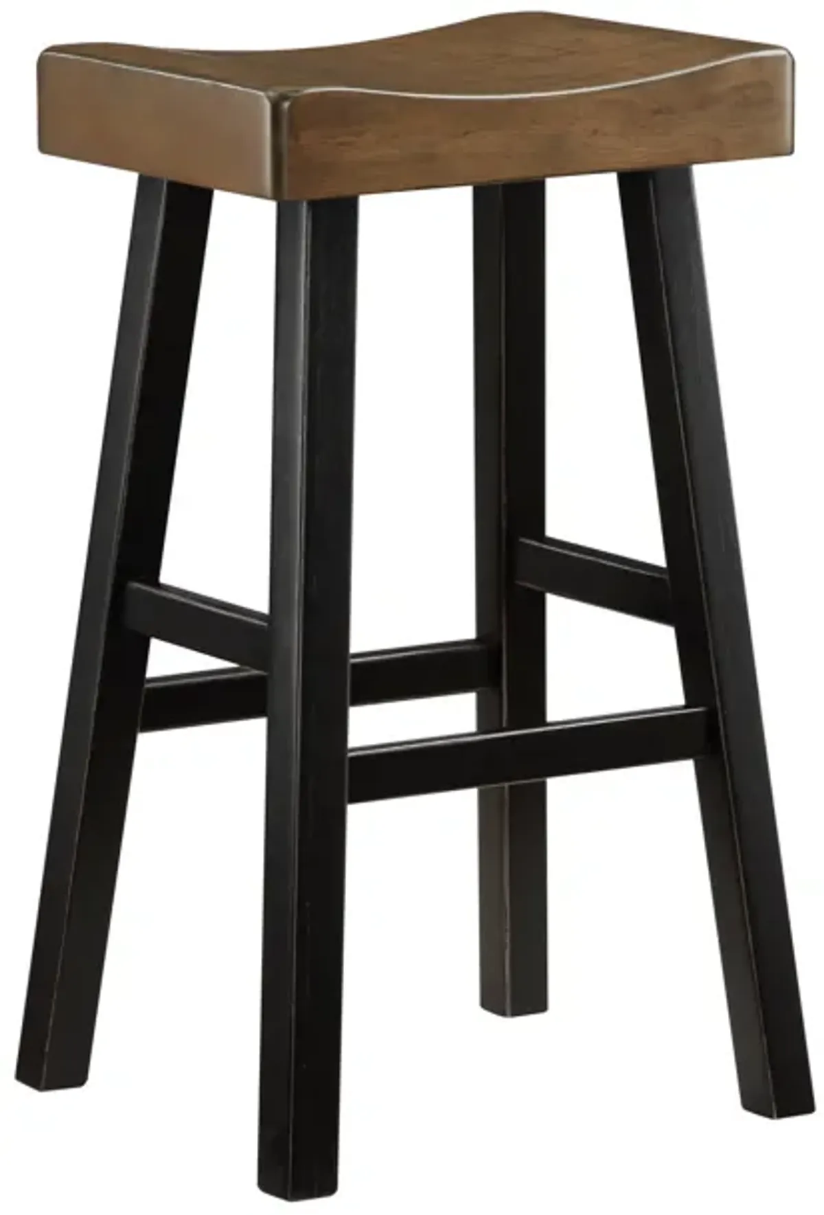 Casy 30 Inch Bar Height Stool, Brown Saddle Seat, Black Rubberwood, Set of 2 - Benzara