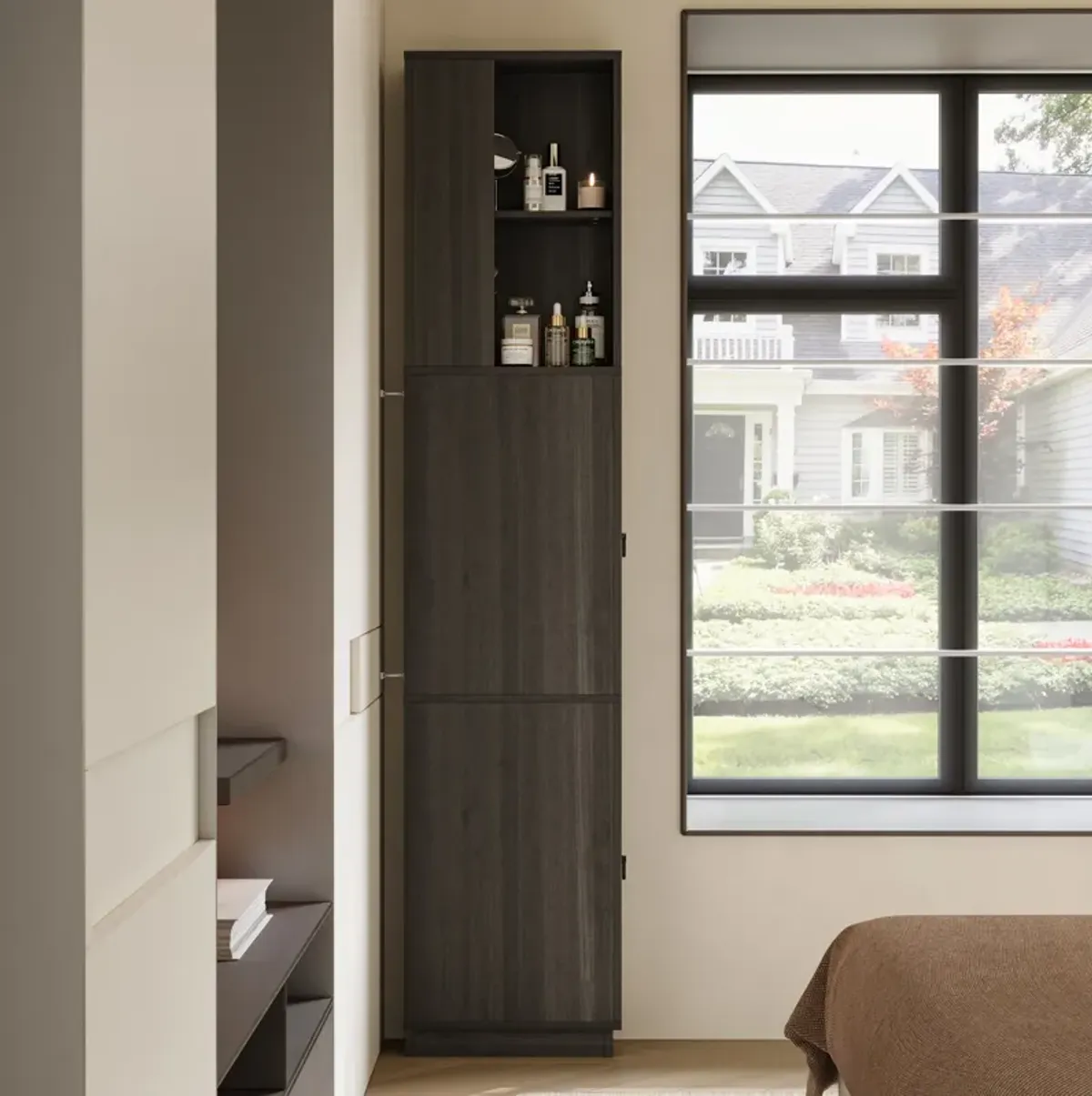 FUFU&GAGA Tall Bedroom Storage Cabinet – E0 1.5cm Particleboard with Dark Gray Woodgrain Laminated Finish, (15.7" L x 5.9" W x 72.8" H), Grey