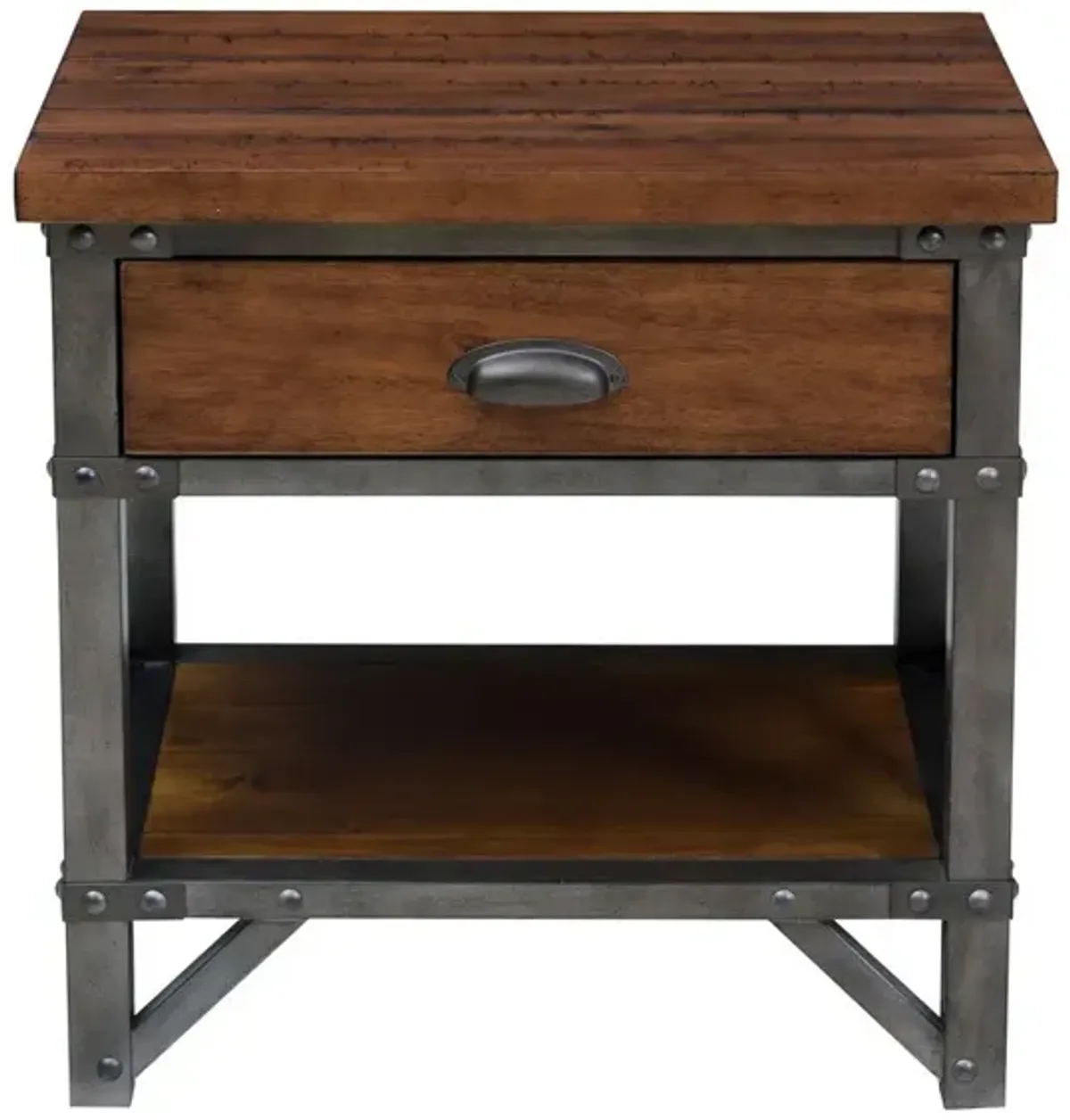 Wooden Nightstand with Metal Block Legs and Open Shelf, Brown - Benzara