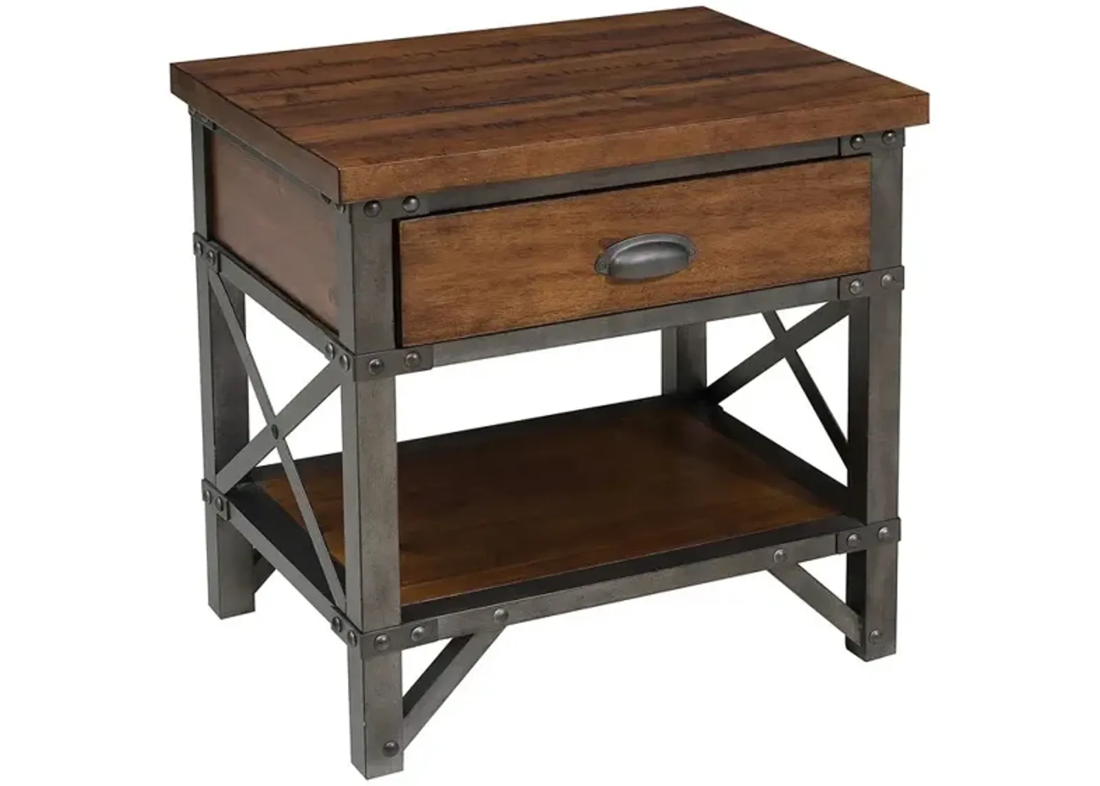 Wooden Nightstand with Metal Block Legs and Open Shelf, Brown - Benzara