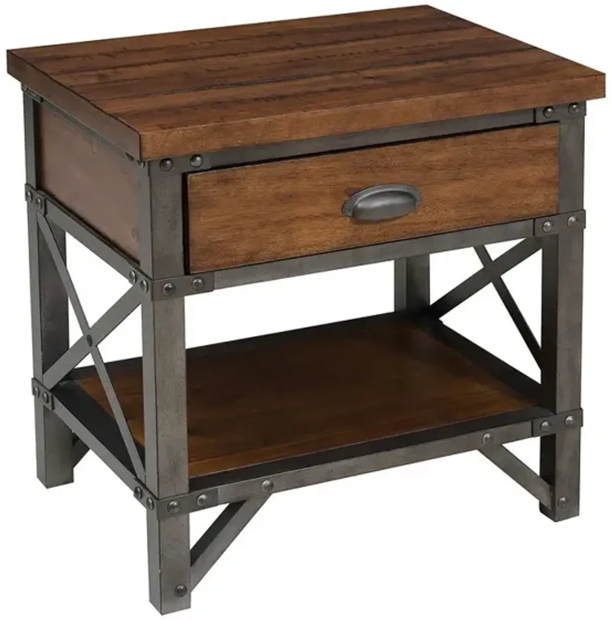 Wooden Nightstand with Metal Block Legs and Open Shelf, Brown - Benzara