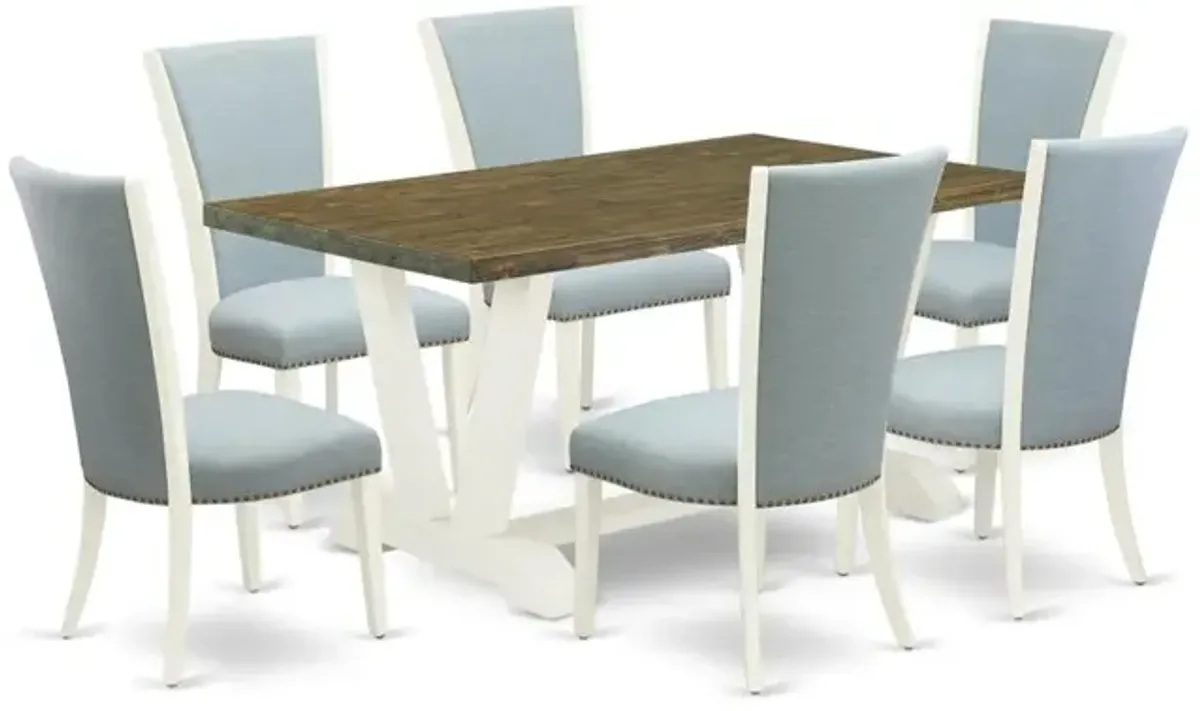 East West Furniture V076VE215-7 7 Piece Dining Room Set - 6 Baby Blue Linen Fabric Kitchen Chair with Nailheads and Distressed Jacobean Dining Table - Linen White Finish
