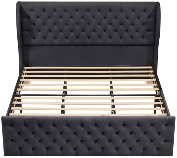 Rodeo Drive Collection Upholstered Wingback Velvet Fabric Chesterfield Bed/Button Tufted Headboard with Vintage Wing/Wood Slat Support/Easy Assemble. King-Black