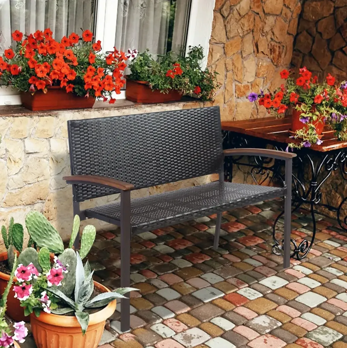 Outdoor Patio Rattan Wicker Bench with Armrest for Garden