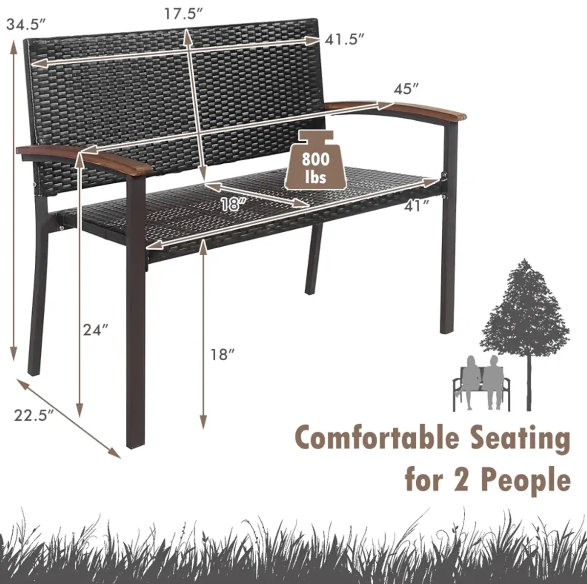 Outdoor Patio Rattan Wicker Bench with Armrest for Garden