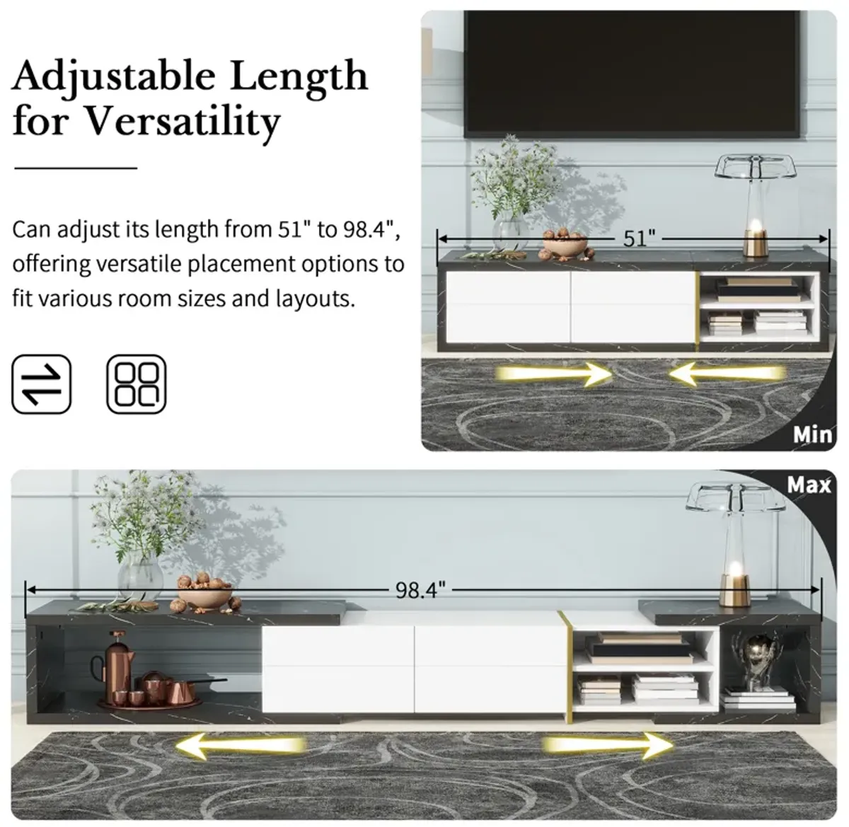 51''-98.4'' Modern Extendable TV Stand for TVs up to 100 Inches, Entertainment Center Media Console Corner Console with 2 Drawers and 4 Shelves for Living room, Black & White