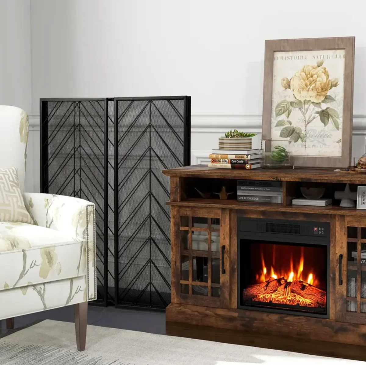 3-Panel Metal Foldable Fireplace Screen with Metal Mesh