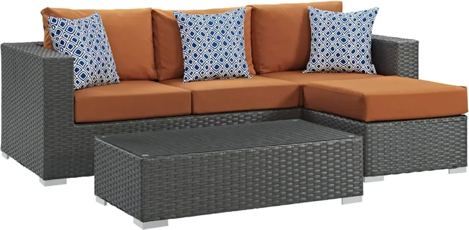 Sojourn Outdoor Patio Furniture Set - Sunbrella Cushions, Synthetic Rattan, UV Protection, Aluminum Frame - Includes Coffee Table, Ottoman, Sofa