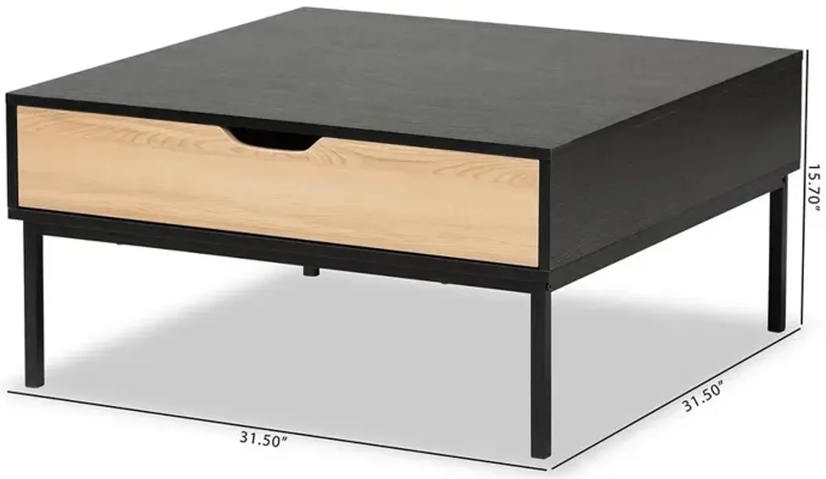 Two-Tone Oak Brown and Black Finished Wood Coffee Table