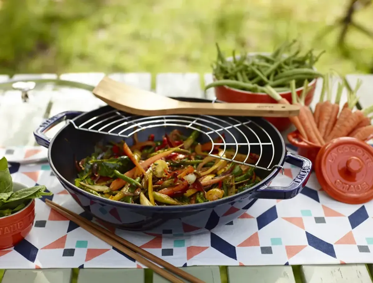 Staub Cast Iron Perfect Pan , Dutch Oven, 4.5-quart,  serves 4-5, Made in France, Cherry