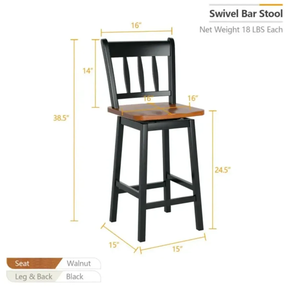 Hivvago 24.5 Inches Set of 2 Swivel Bar Stools with 360° Swiveling