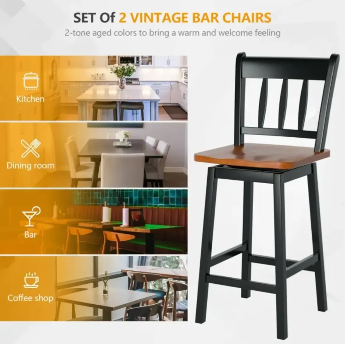 Hivvago 24.5 Inches Set of 2 Swivel Bar Stools with 360° Swiveling