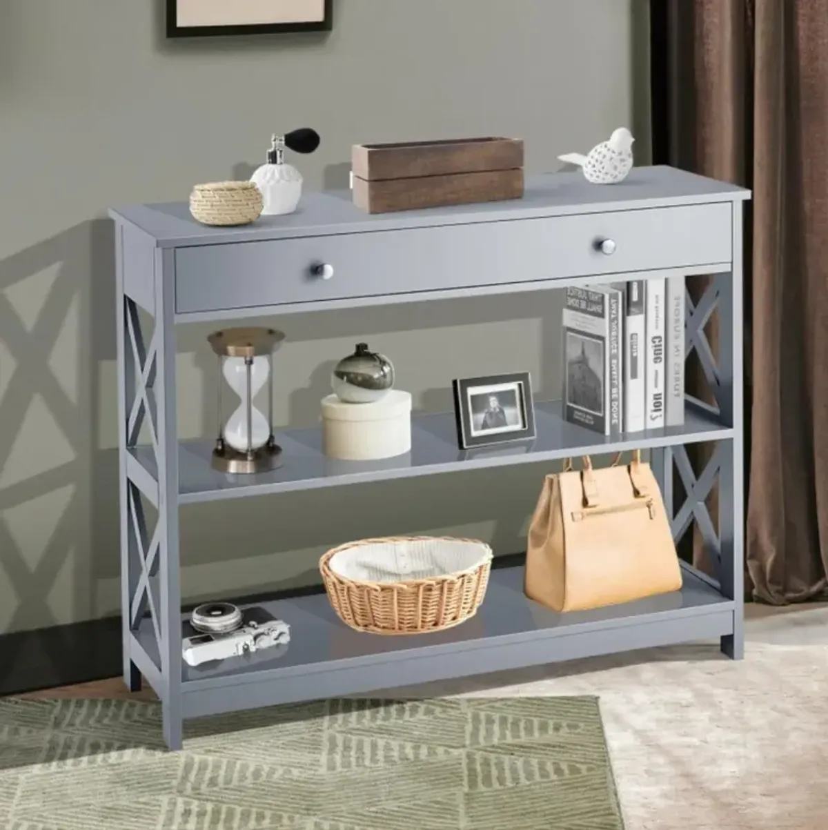 Hivvago Console Table 3-Tier with Drawer and Storage Shelves