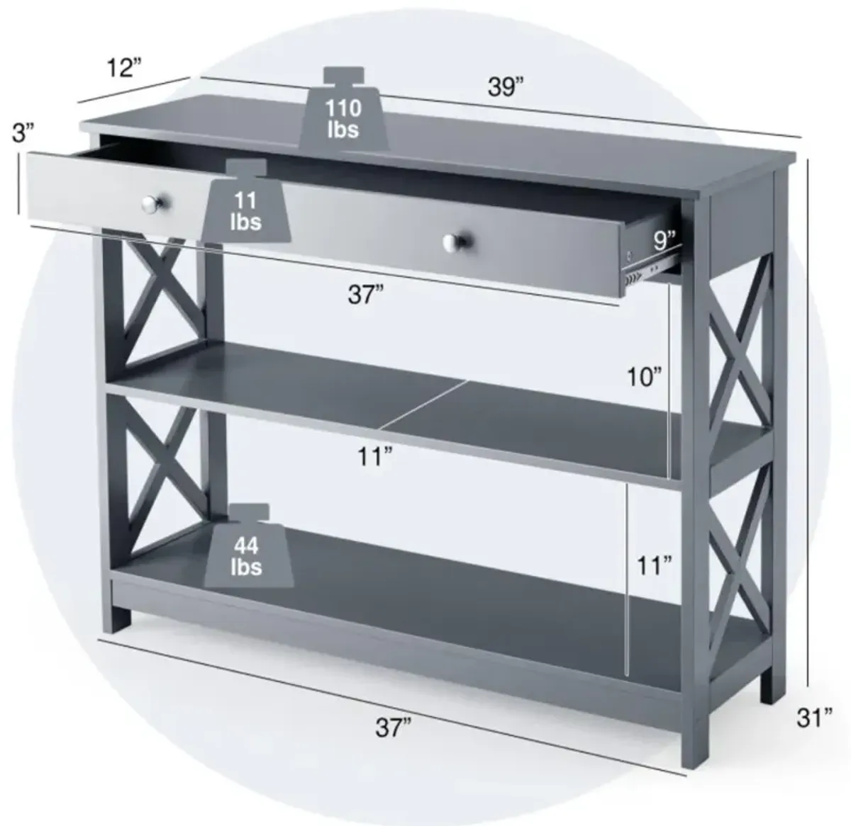 Hivvago Console Table 3-Tier with Drawer and Storage Shelves