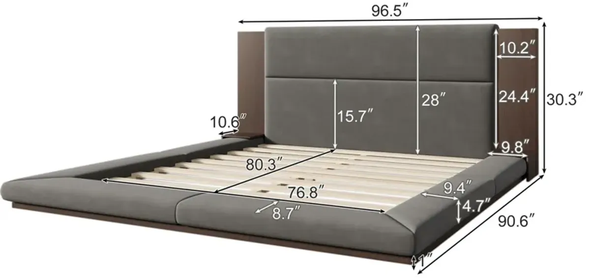 Merax Floor Upholstered Platform Bed with Extended Headboard