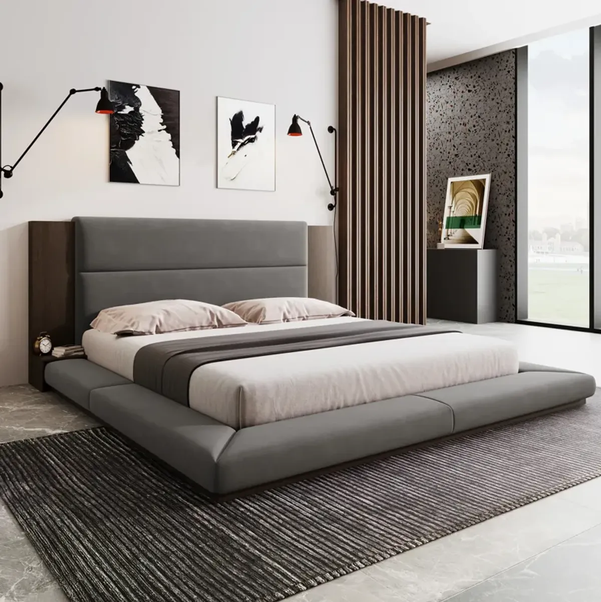 Merax Floor Upholstered Platform Bed with Extended Headboard