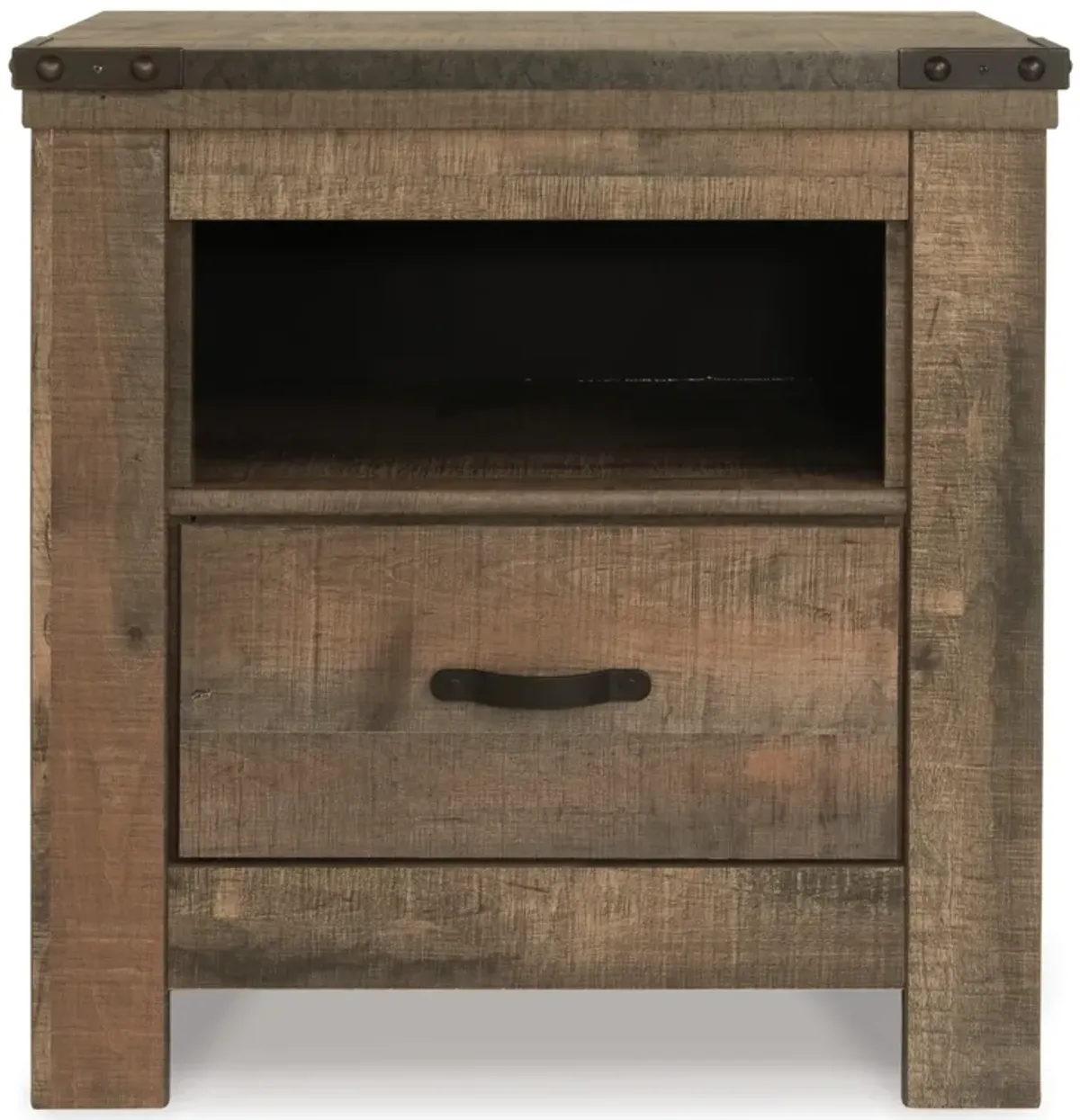 Zoey Nightstand w Drawer and Shelf, USB, Rustic Brown Plank Details - Benzara