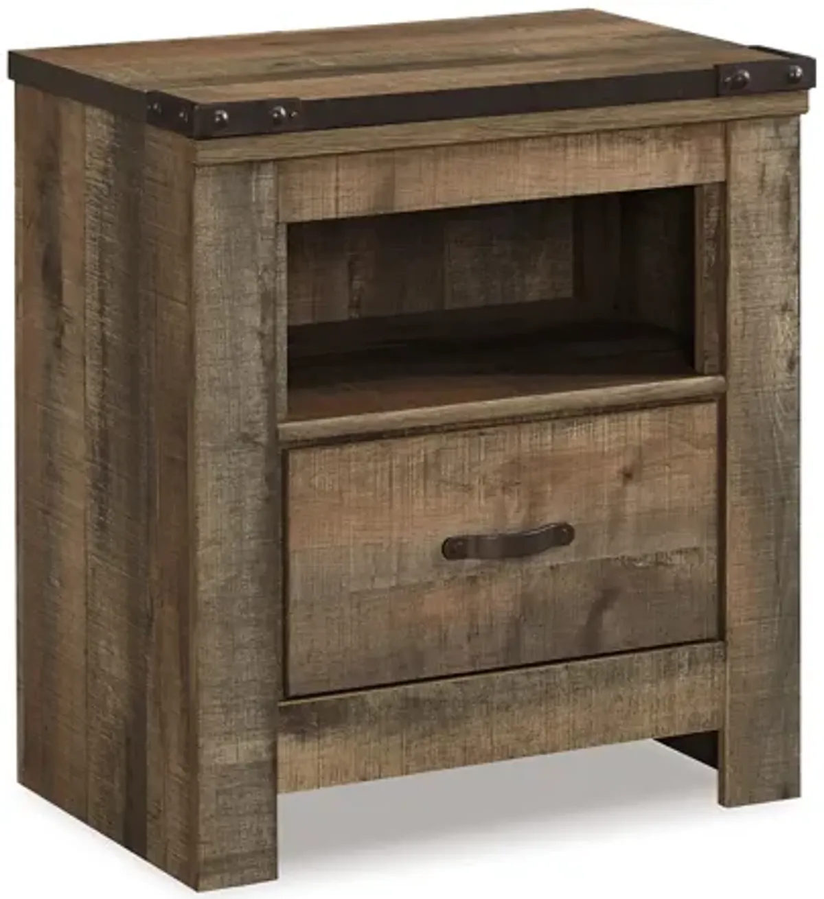 Zoey Nightstand w Drawer and Shelf, USB, Rustic Brown Plank Details - Benzara