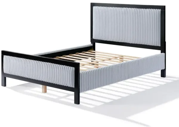 Merax Queen Upholstered Platform Bed Frame with Fluffy Grey Headboard & Black Wood Frame