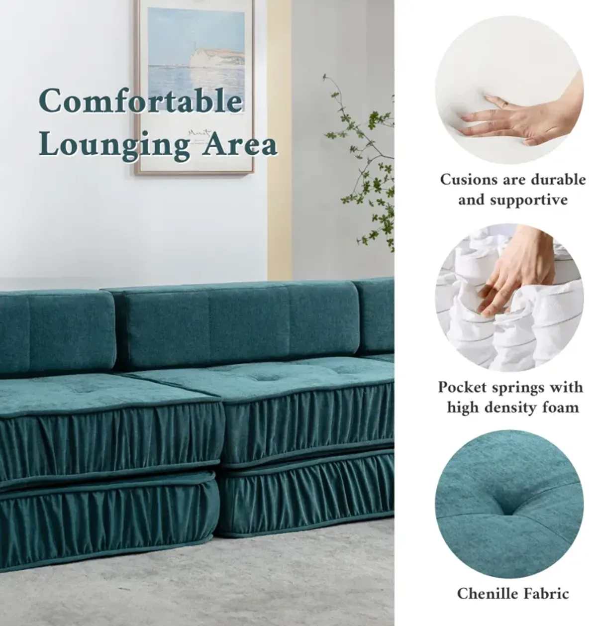 Modular Sectional Sofa with Armless Chair, Green