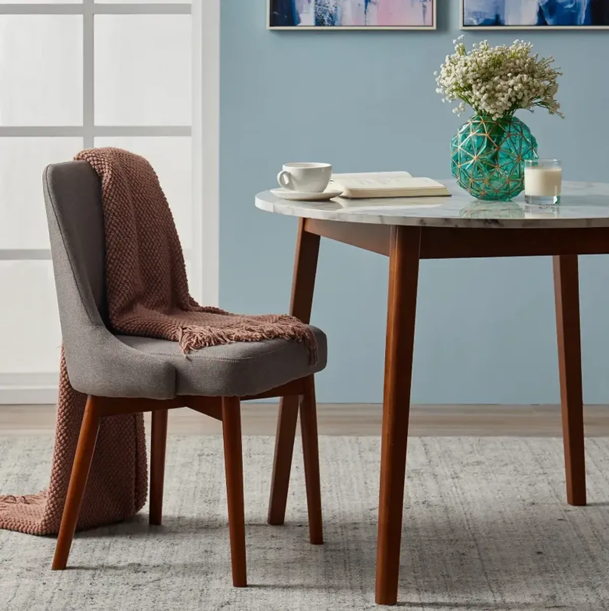 Teamson Home Dining Table Round with Faux Marble Top & Walnut Legs Ashton