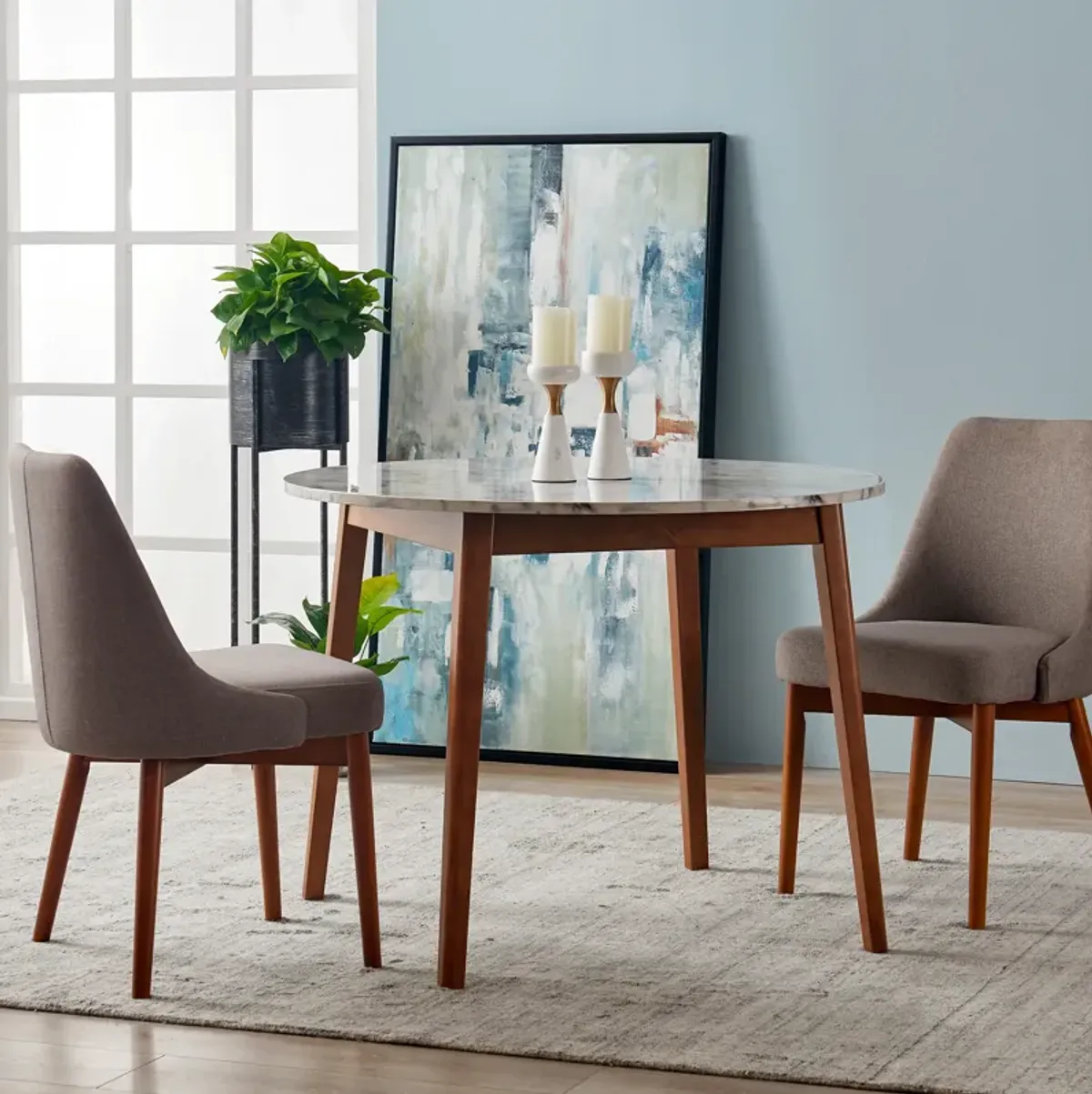 Teamson Home Dining Table Round with Faux Marble Top & Walnut Legs Ashton