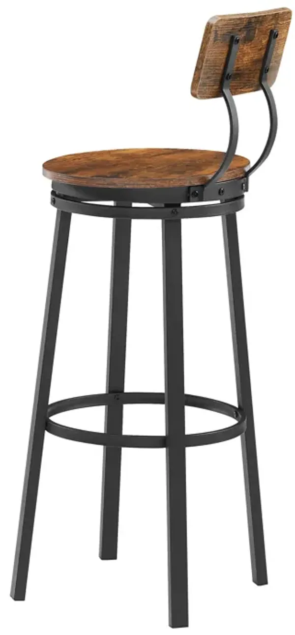 Oval Swivel Bar Stool with Backrest, Set of 2, Industrial, Metal Frame, 29.5" High.（Rustic Brown，17.5’’w x 13.4’’d x 40.5’’h）
