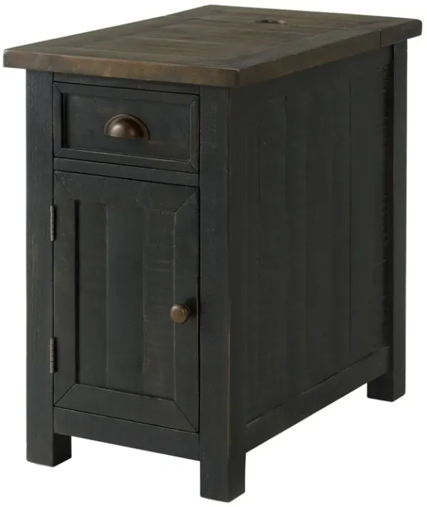 Fiya 25 Inch Chairside End Table Cabinet, Drawer, USB Ports, Black, Brown-Benzara
